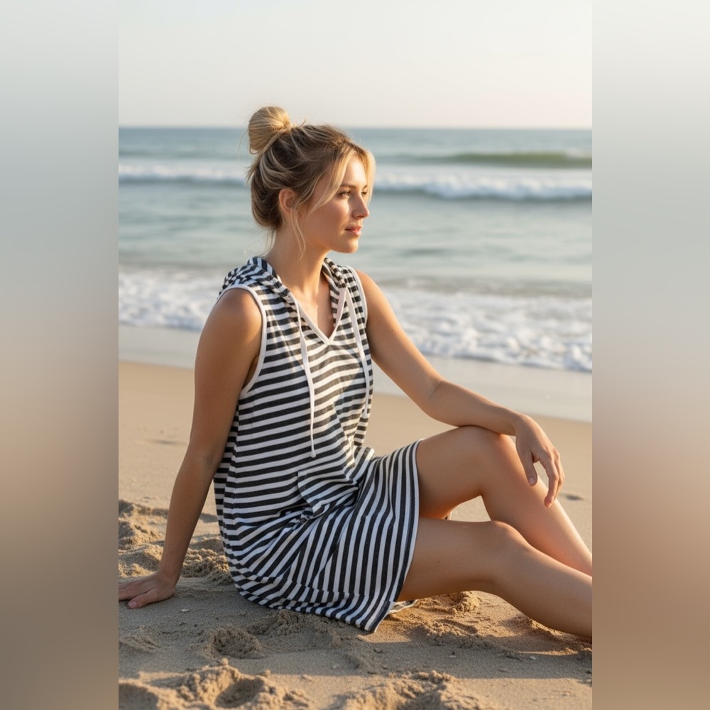 Striped Hooded Swim Coverup- S/M